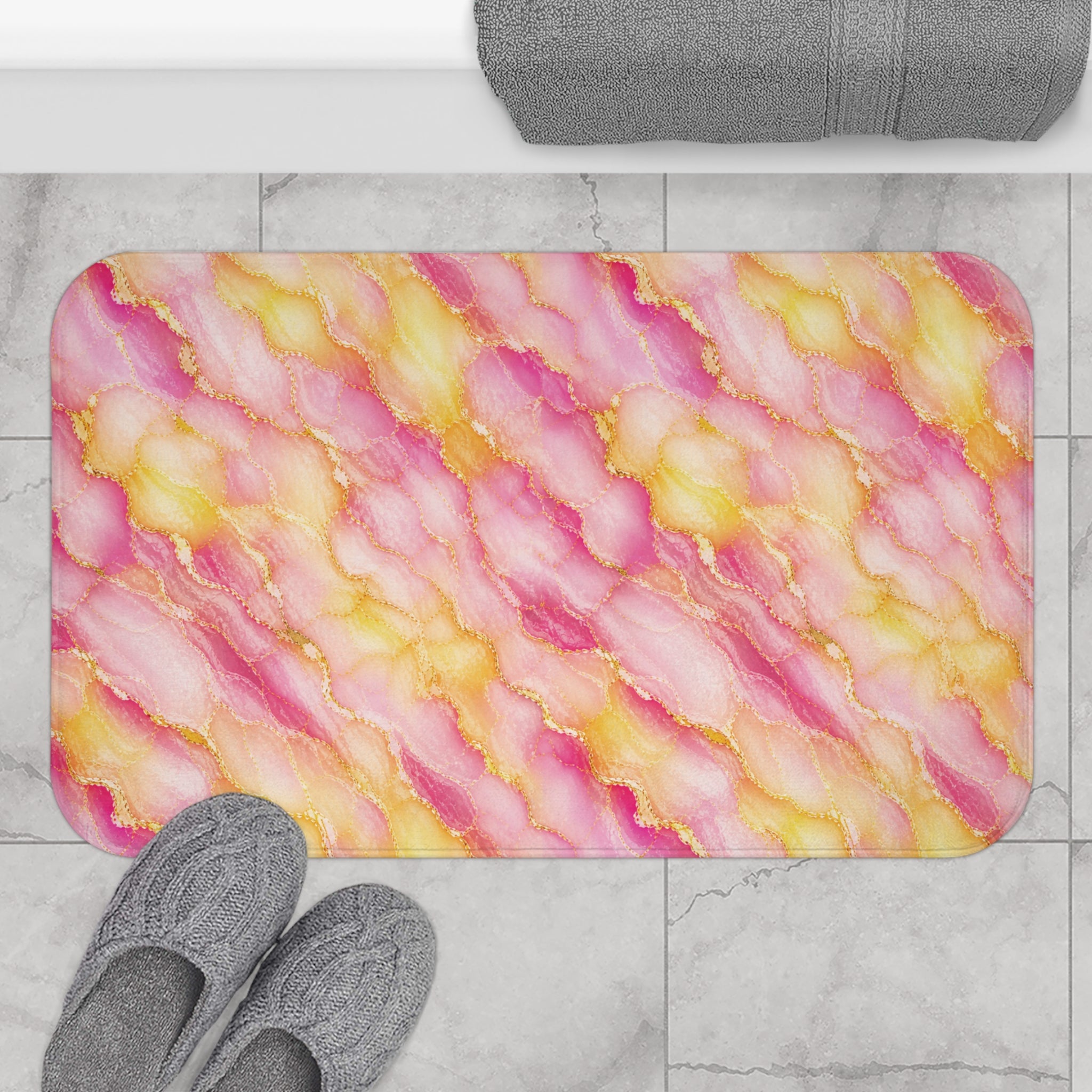 Blush Pink & Pastel Yellow Marble Bath Mat — Gold Vein Luxury Floor Decor