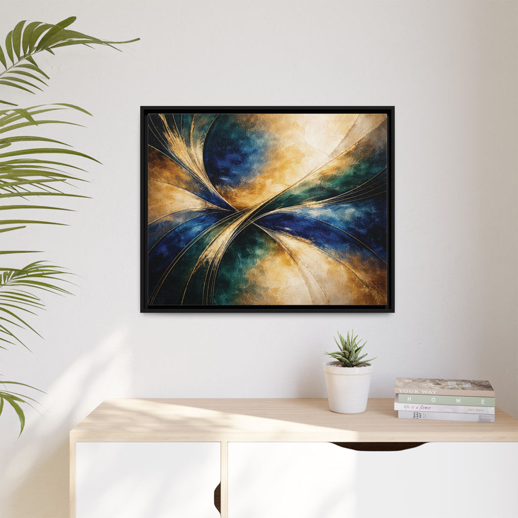 Gilded Convergence  Luxe NeoDeco Blue & Gold Abstract Wall Art Framed