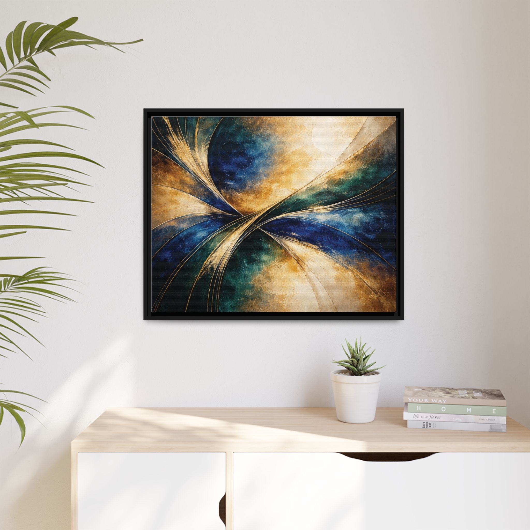 Gilded Convergence  Luxe NeoDeco Blue & Gold Abstract Wall Art Framed