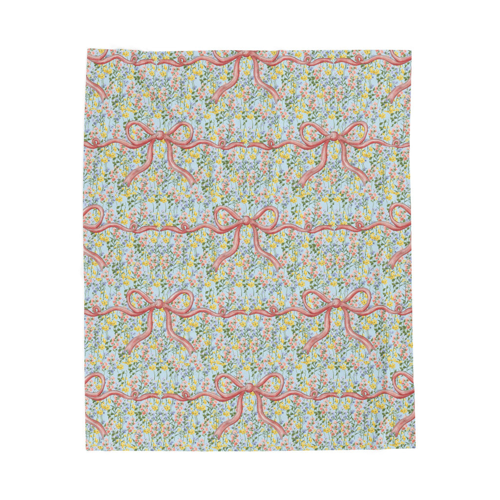 Pink Bow Botanical Wildflower Minky Velveteen Plush Blanket