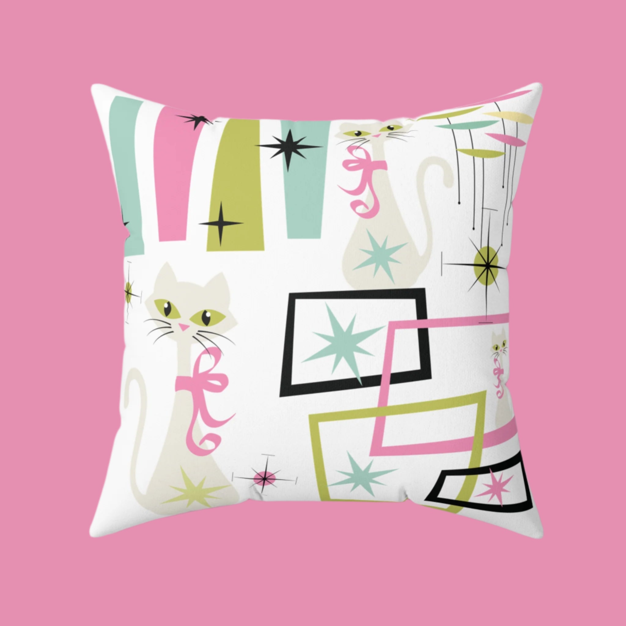 Mid-Century Modern Atomic Kitty Cats Square Pillow – Retro 50s Pastel Design, Vintage-Inspired Home Decor for a Chic & Cozy Touch!  Perfect for Home Decor & Gifting Sofa Decor 100% Polyester with Double-Sided Print