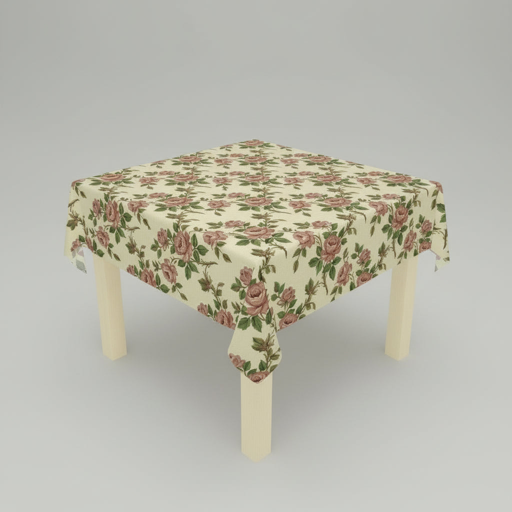 Floral tablecloth on a wooden table with a white background