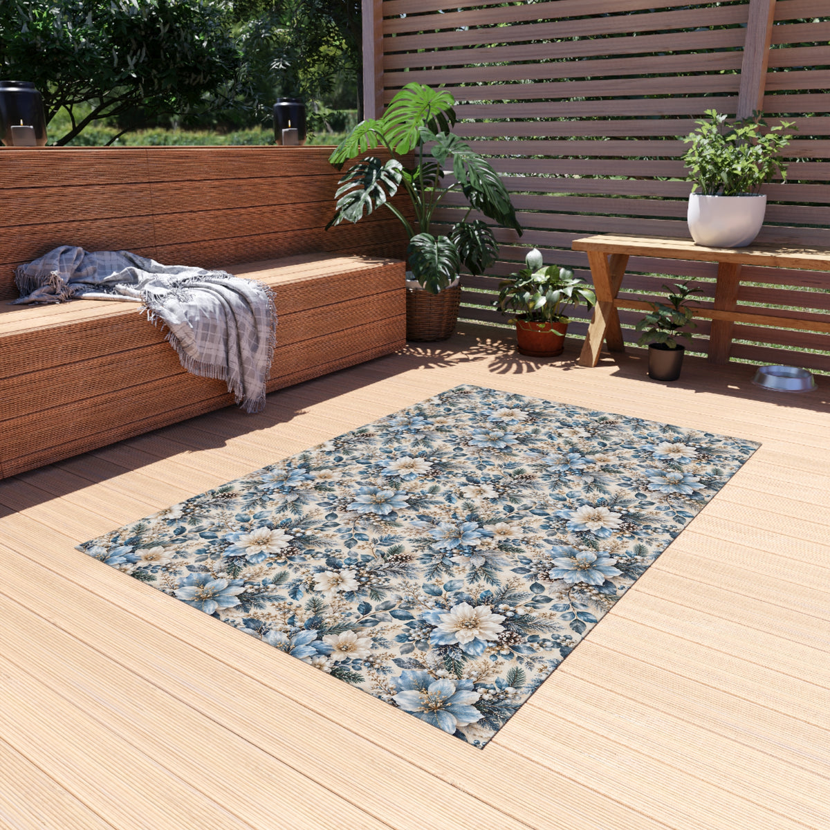 Icy Blue Floral Outdoor Patio Rug