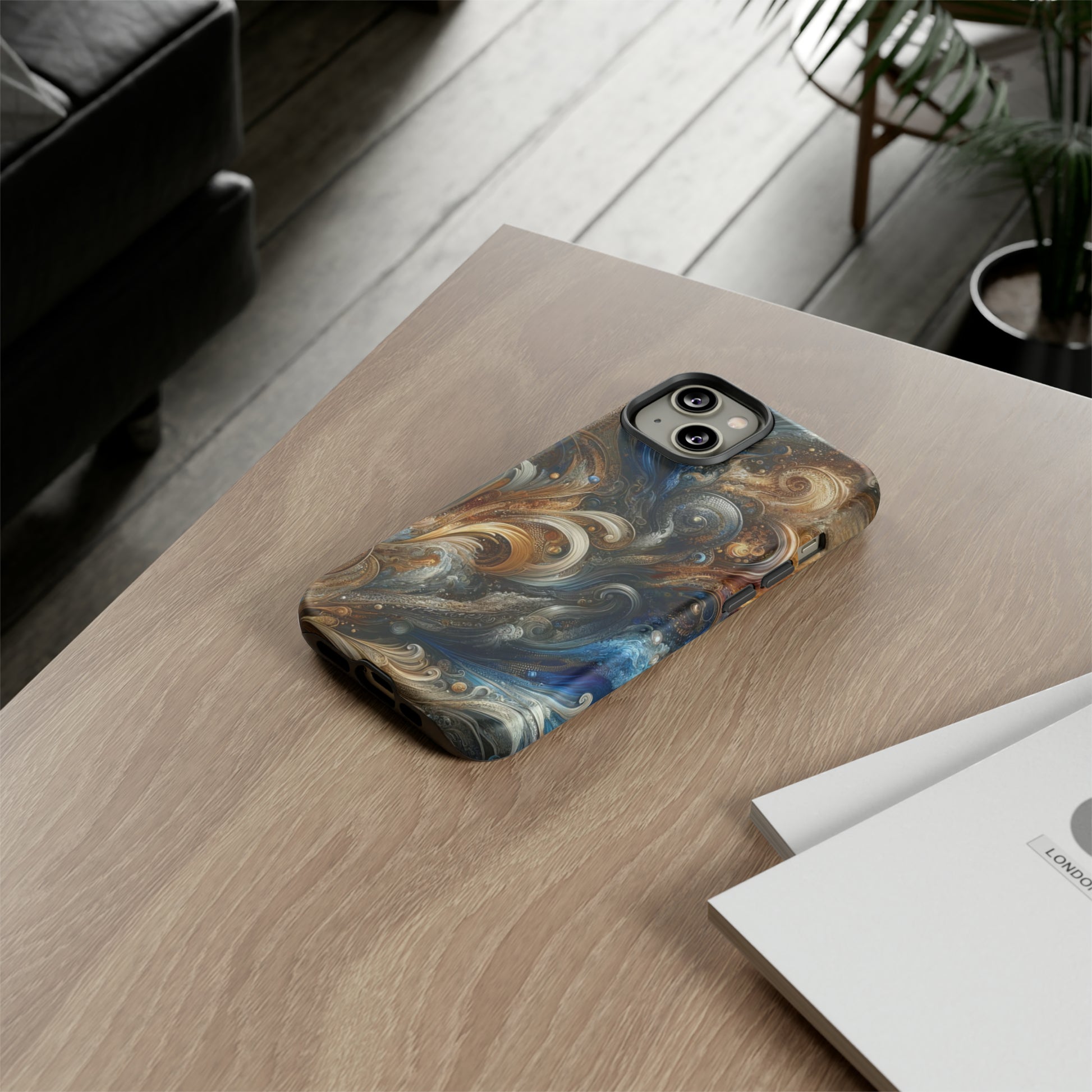 Gold and Navy Art Design Luxury Phone Tough Case Floral Elegant Durable Stylish for Modern Devices iPhone 15, Samsung iPhone Samsung Accessory Gift for Her.