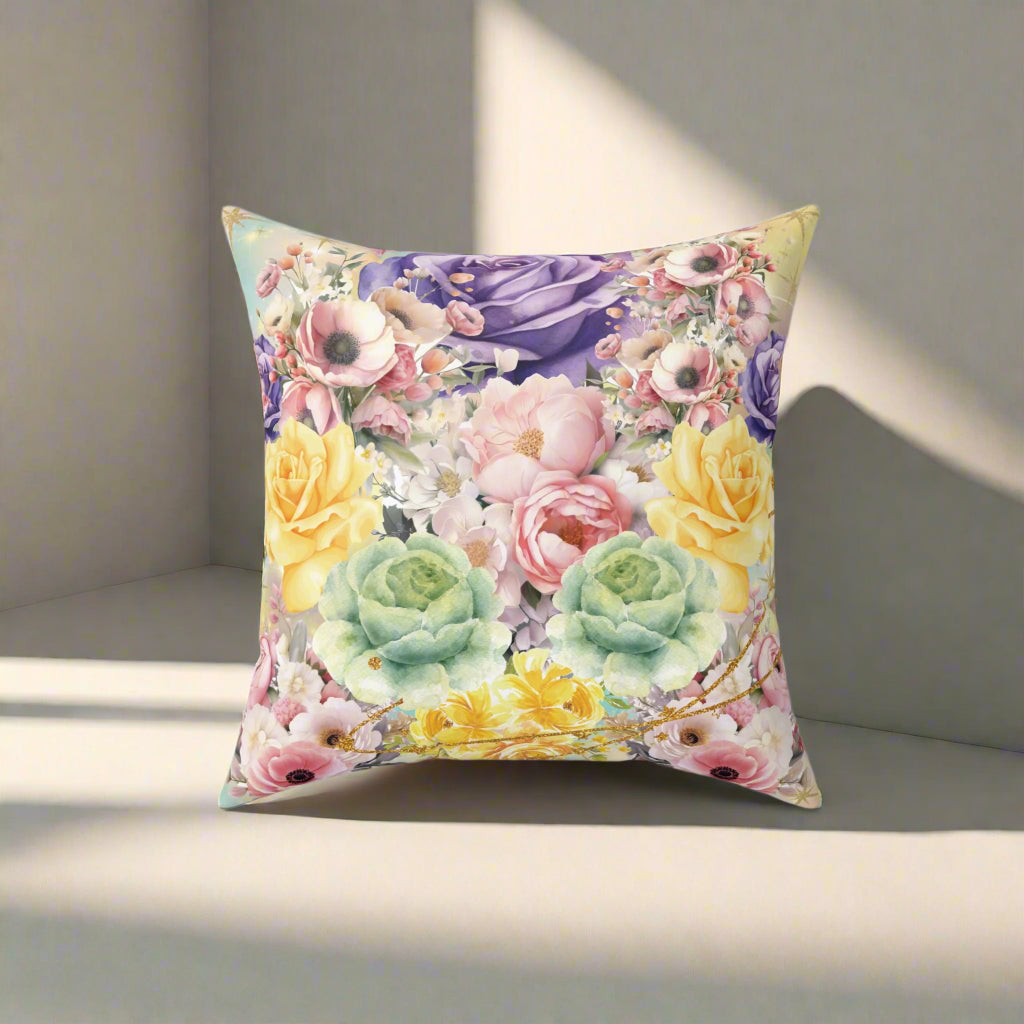 Pastel Luxury Floral Square Pillow – Colorful Botanical Print for Home Decor, Add Cozy Elegance to Your Living Room, Bedroom, or Reading Nook
