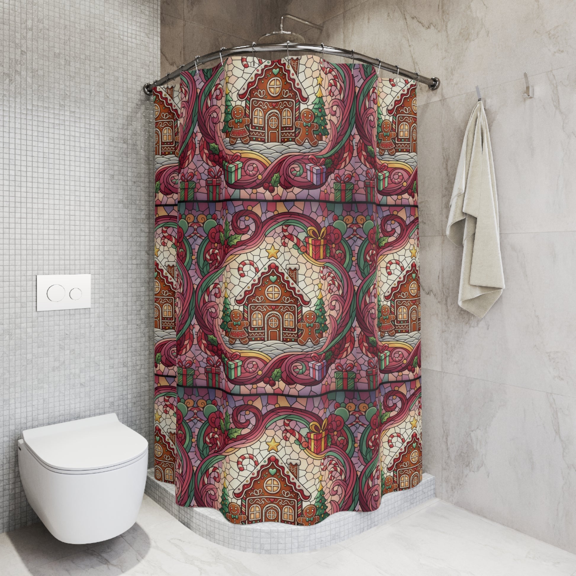Gingerbread New House Christmas Shower Curtain Stylish Bathroom Decor, Perfect for a Fresh, Elegant Look and Durable for a Fresh, Stylish Look Wedding Gift for Mom Bridal Shower Gift Newlywed