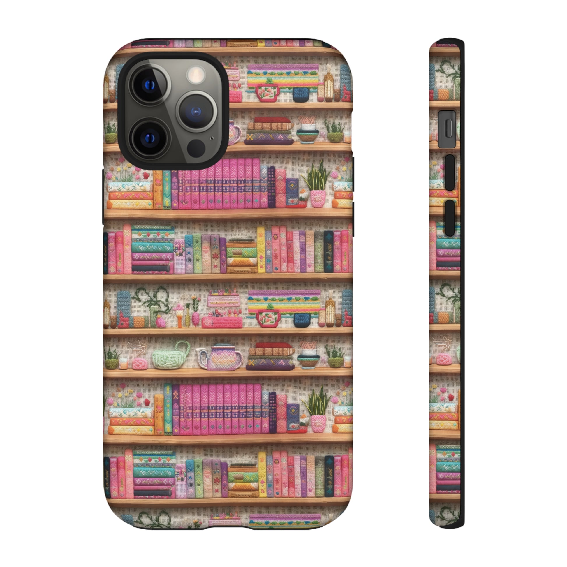 Phone Case 3D Illusion Books & Shelf Embroidery Design with Vibrant Colors Gift for Her Phone 15, Samsung iPhone Samsung Gift for Her Case iPhone 15, Samsung iPhone Samsung Accessory Gift for Her.