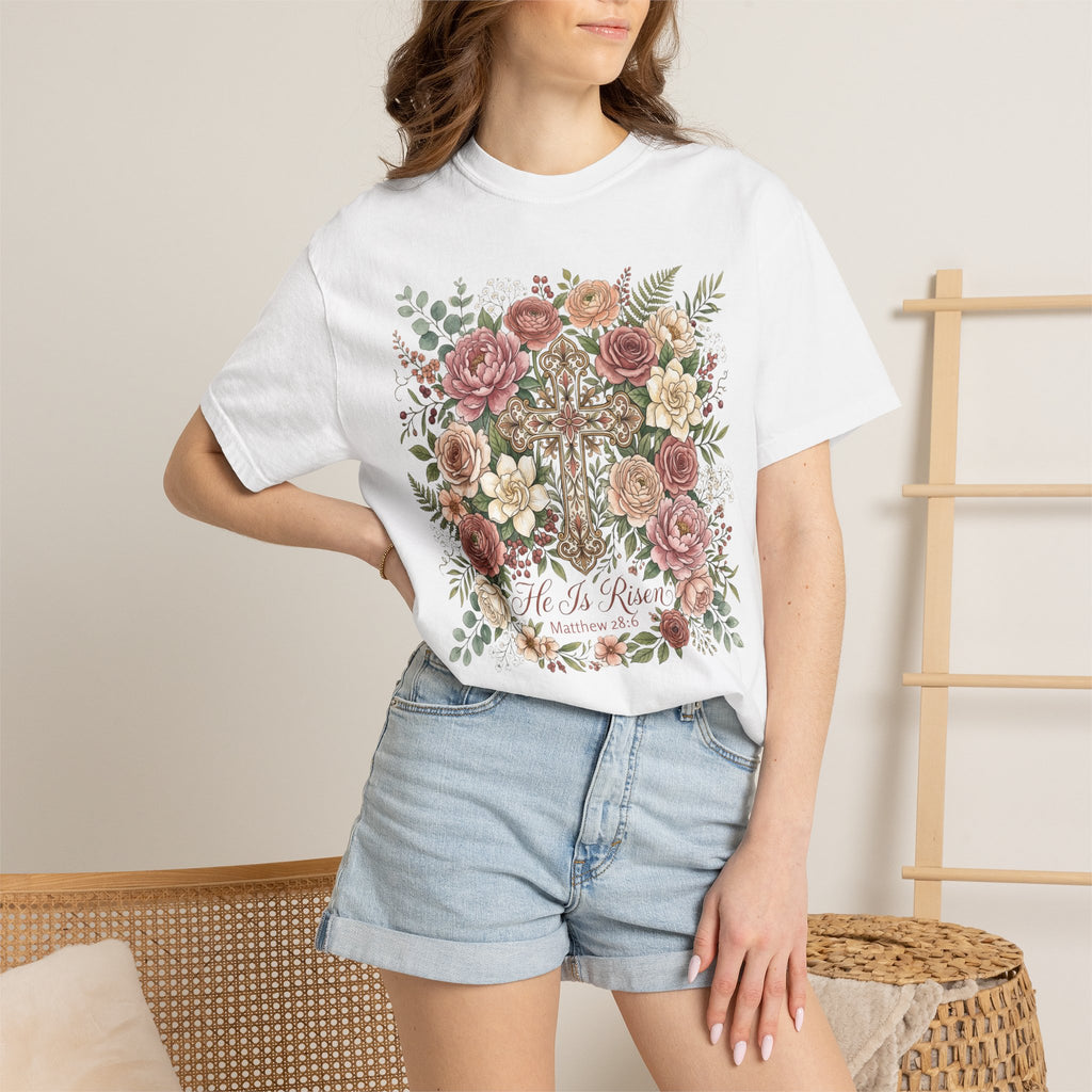 He Is Risen Floral Cross T-Shirt Christian Gift