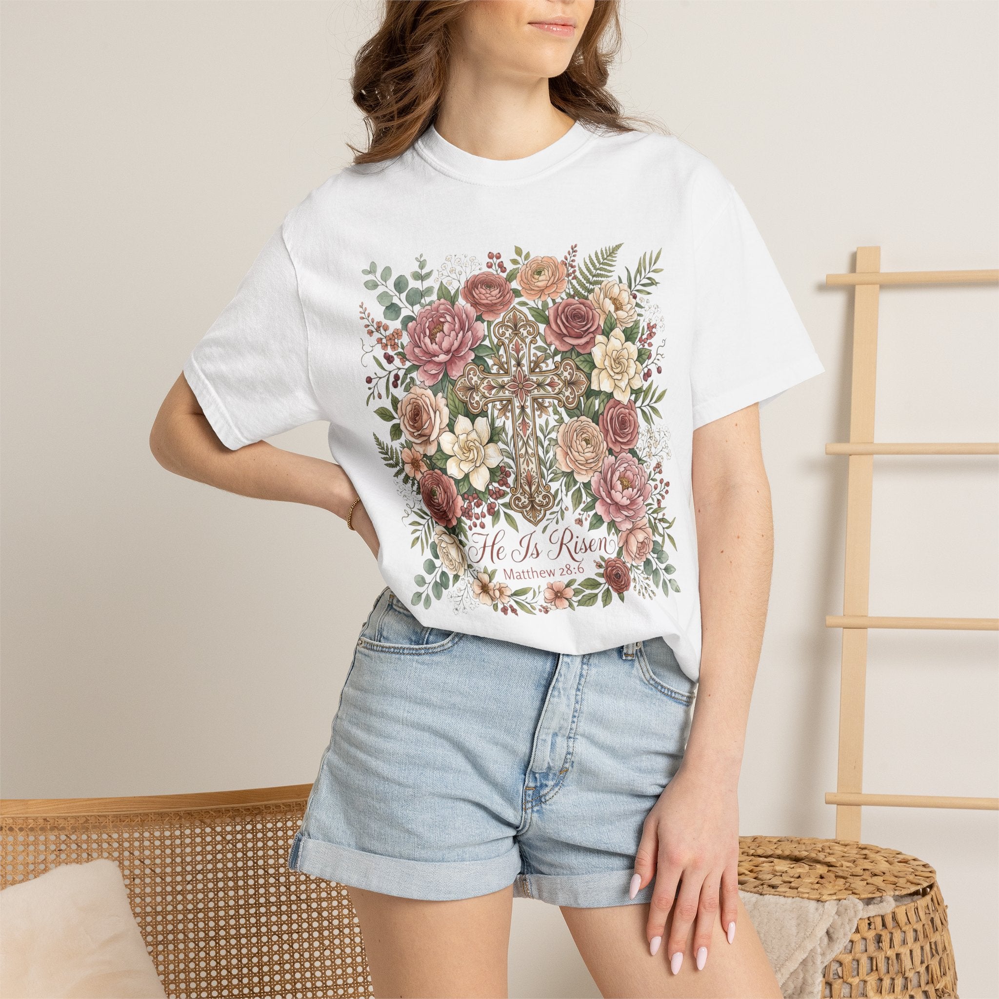 He Is Risen Floral Cross T-Shirt Christian Gift