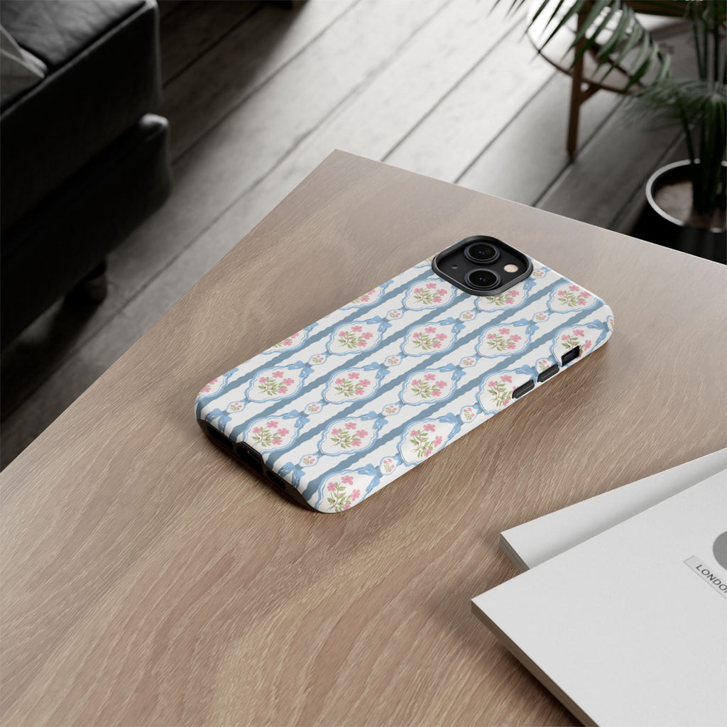 Coque de téléphone Vintage Nœud Bleu et Rose — Motif floral romantique « Tough Cases »
