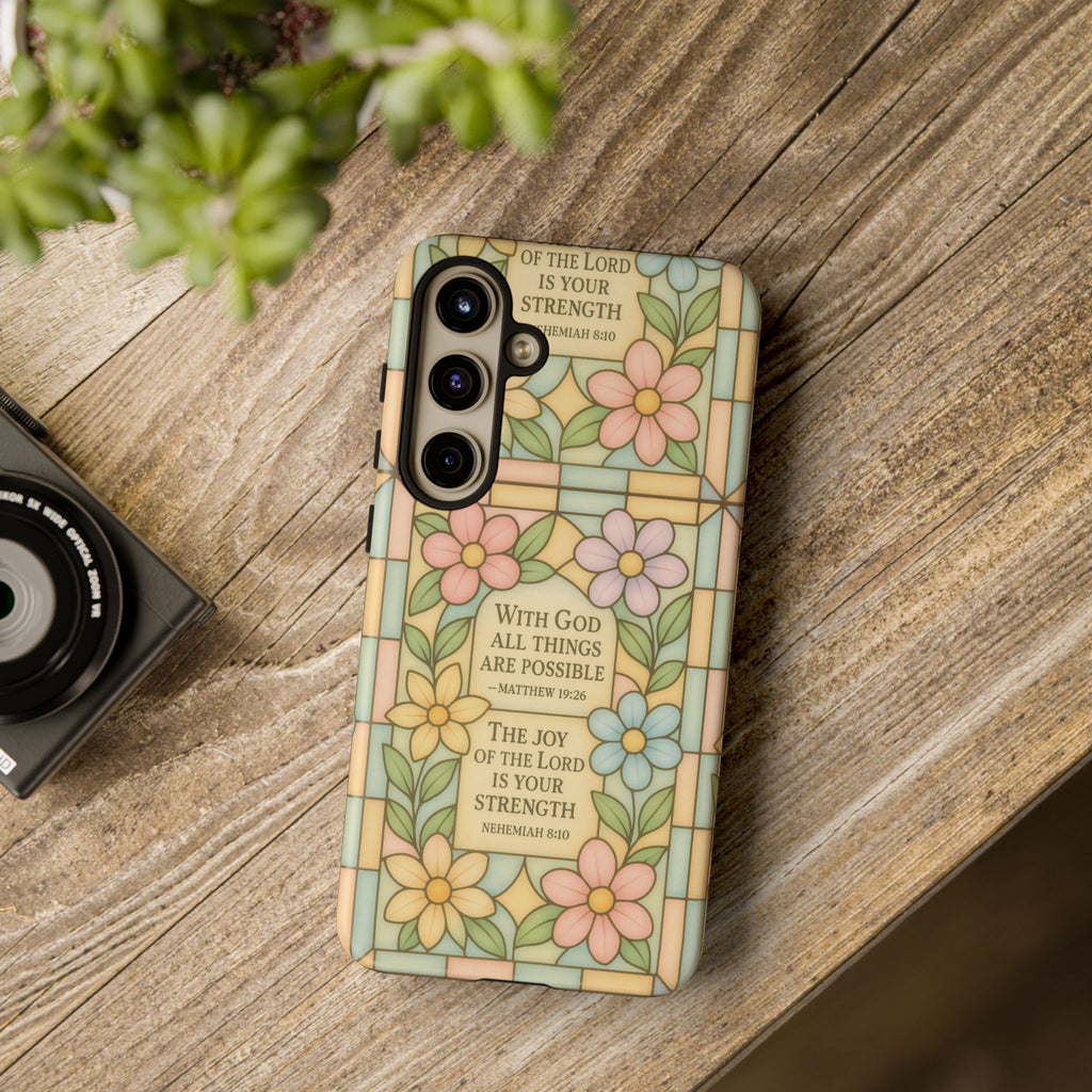 Pastel Stained Glass Bible Verse Phone Case Christian Affirmation Cover, Soft Geometric Design, iPhone Samsung Google, Faith Gift for Her Bible Verse or Affirmation | Protective, Inspirational Gift for Christians