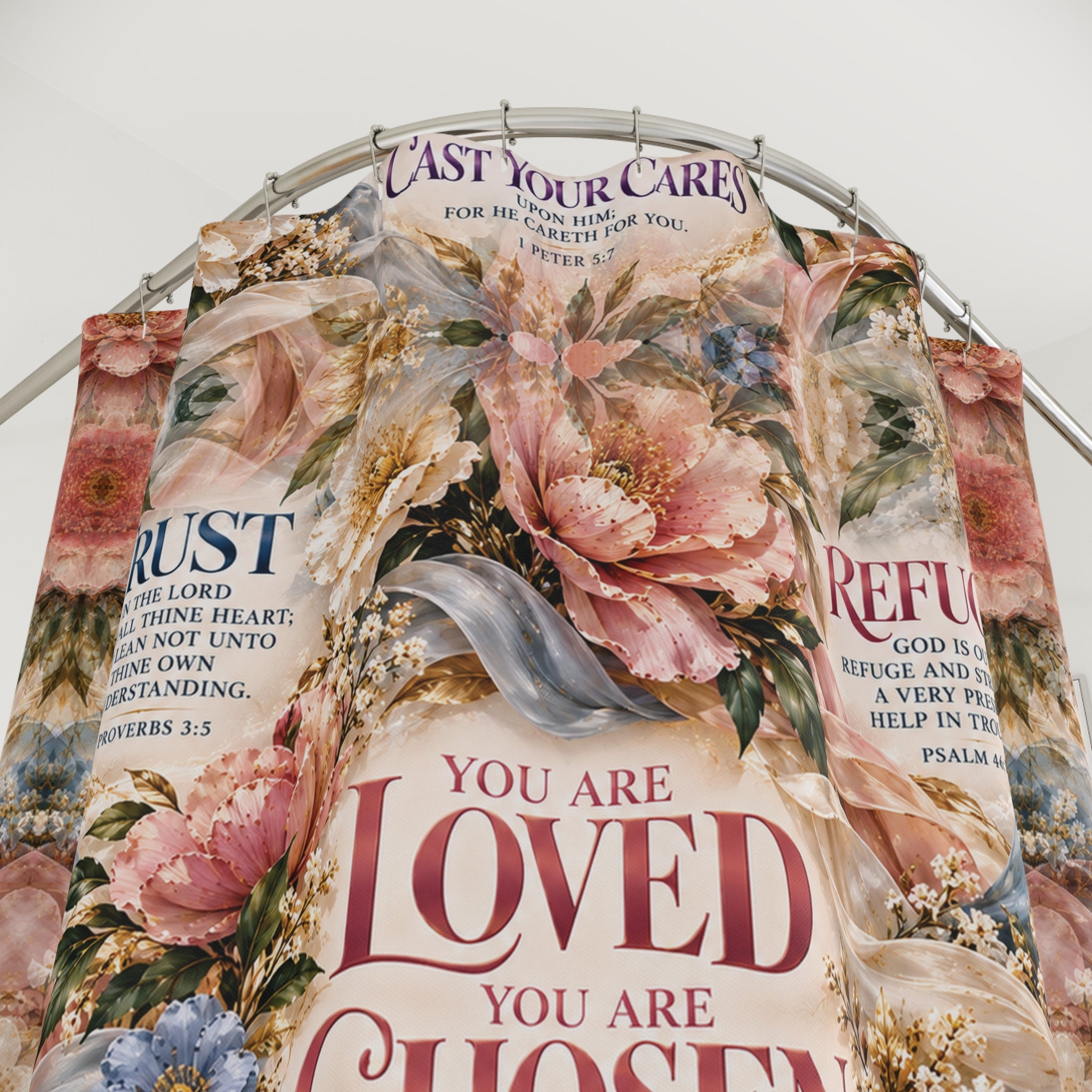 You Are Loved You Are Chosen Shower Curtain | Inspirational Floral Christian Bathroom Decor