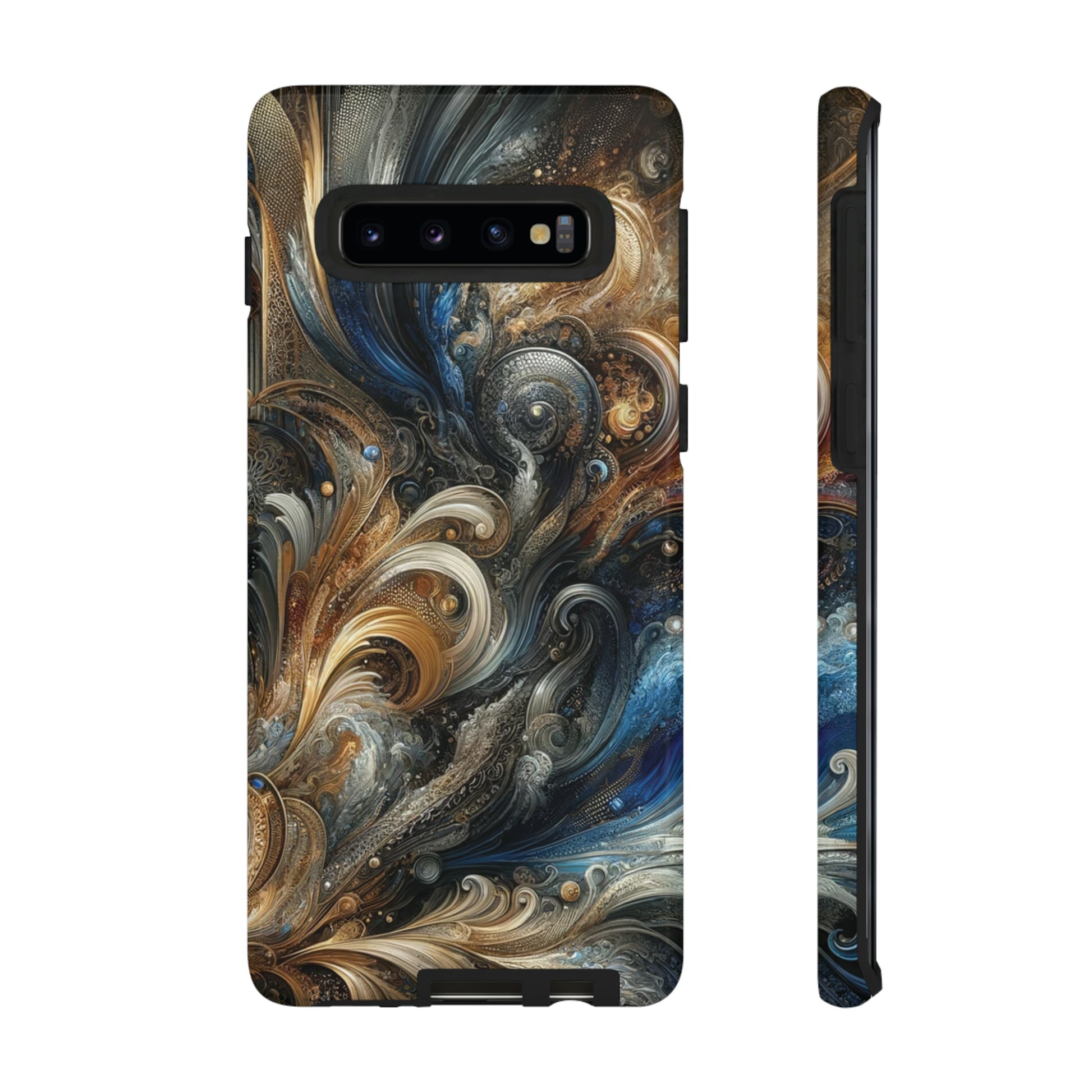 Gold and Navy Art Design Luxury Phone Tough Case Floral Elegant Durable Stylish for Modern Devices iPhone 15, Samsung iPhone Samsung Accessory Gift for Her.