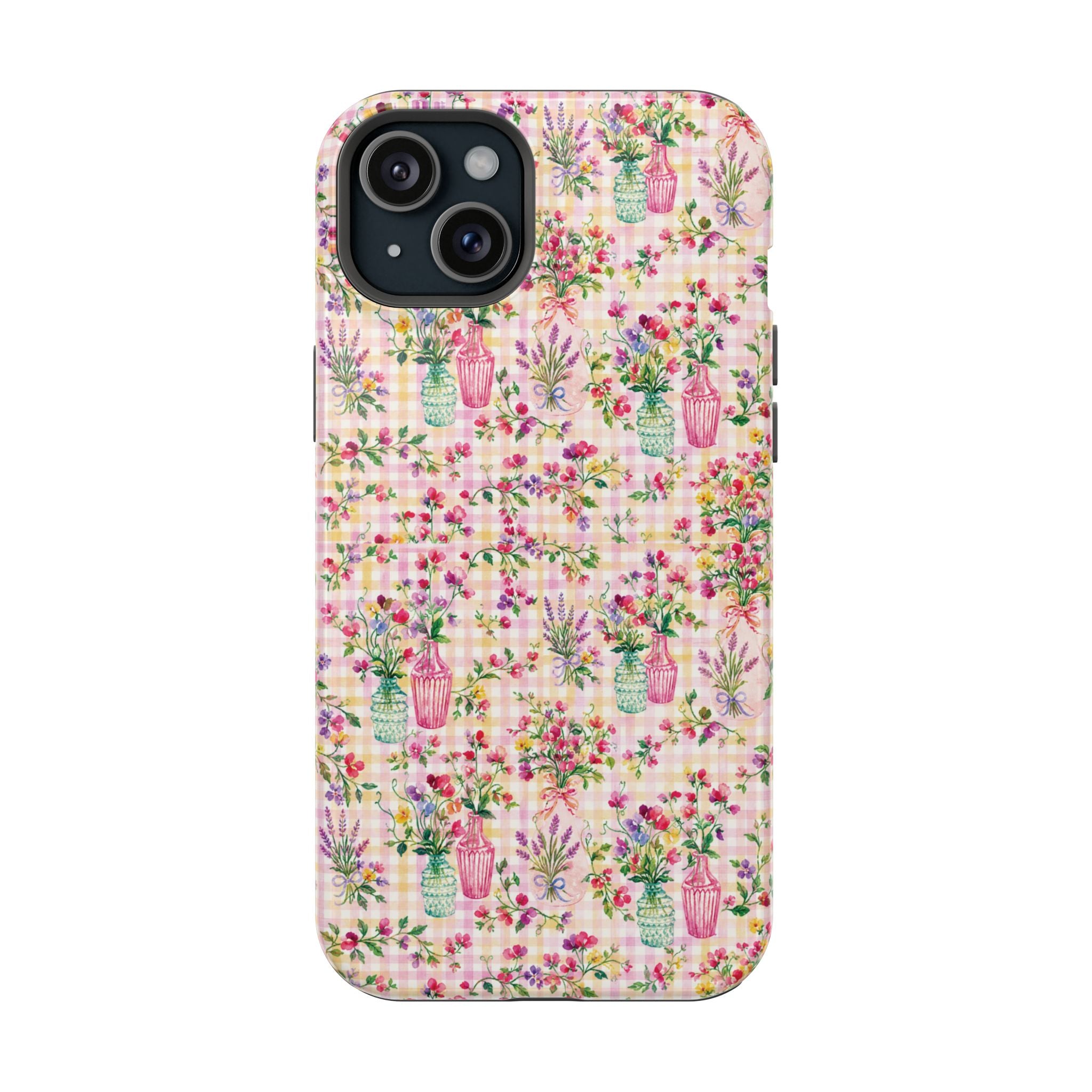 Turquoise & Pink Floral Checker Phone Case — Magnetic Impact-Resistant