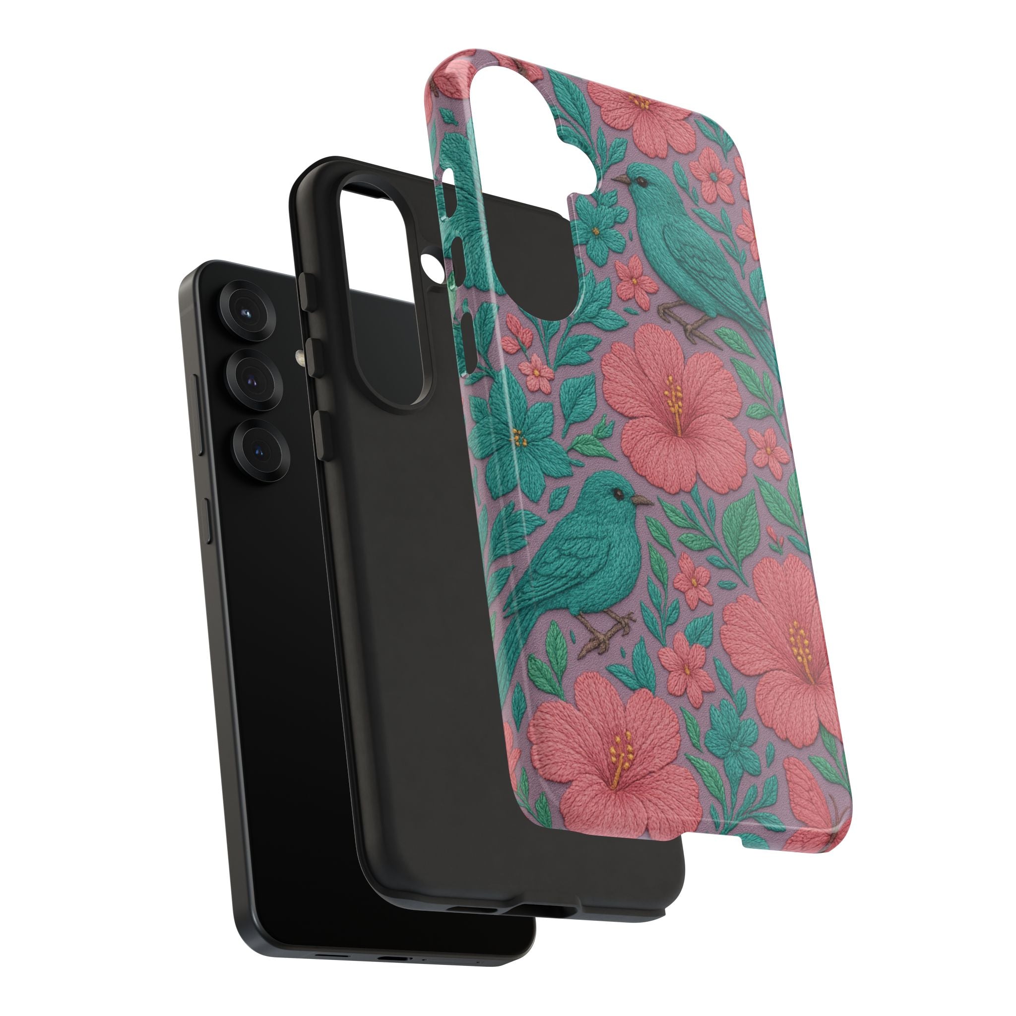 Turquoise, Pink and Lavender 3D Embroidery Illusion Phone Case Tropical Flowers, Birds & Butterflies Cover with Bold, Realistic Floral Texture iPhone, Samsung