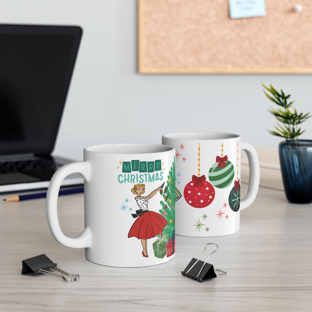 Tasse de Noël Rétro Glam Années 50 | Tasse à Café Vintage pour les Fêtes, Vaisselle de Noël Festive du Milieu du Siècle, Cadeau pour Maman