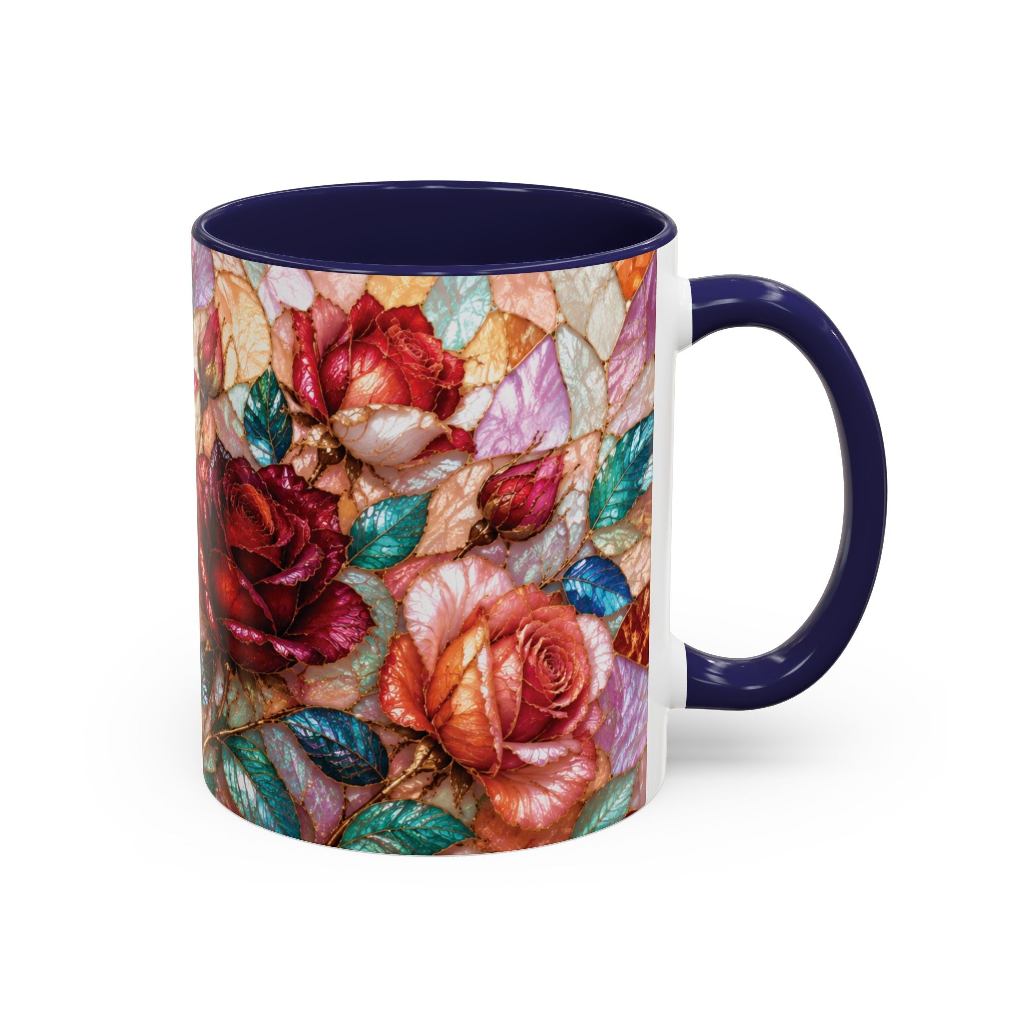 Floral Stained-Glass Accent Coffee Mug Colorful Rose Pattern (11/15 oz) Gift for Her