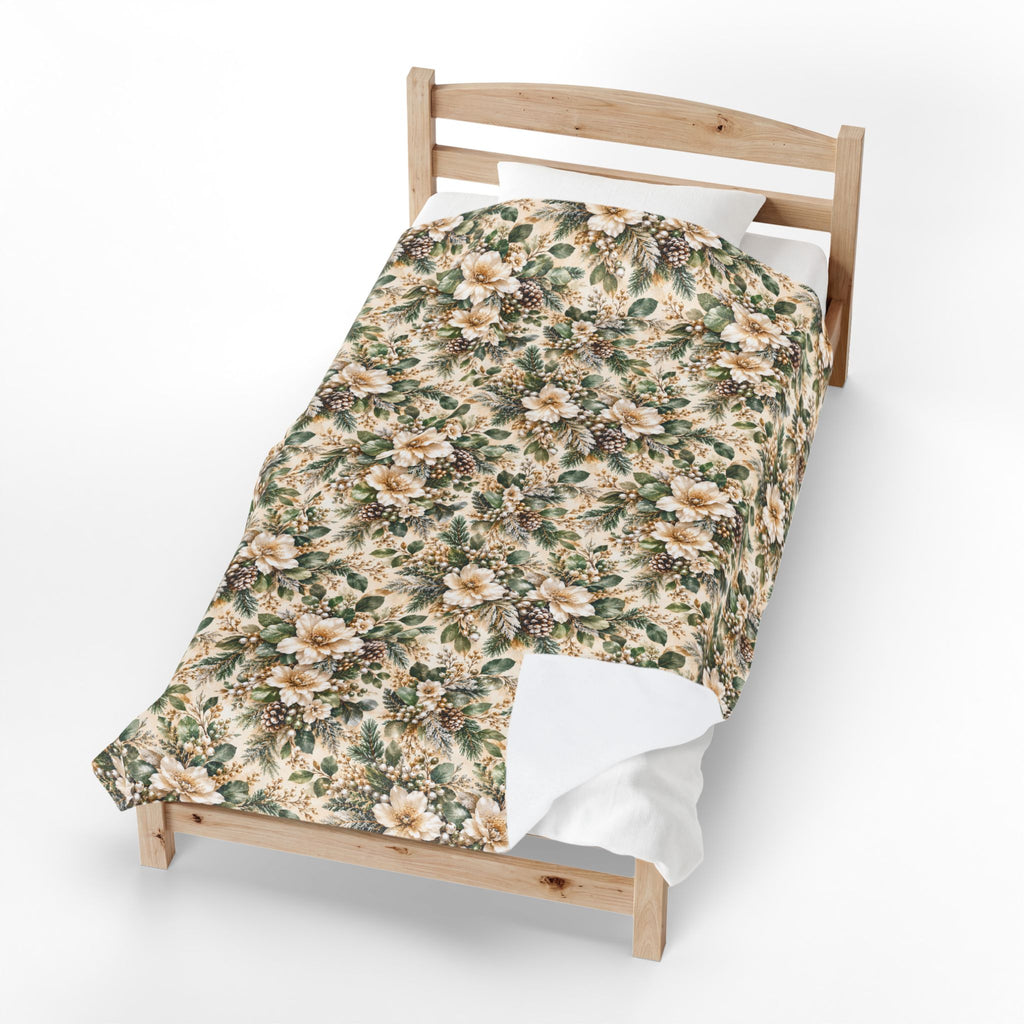 Sage Green & Champagne Floral Velveteen Plush Throw Blanket