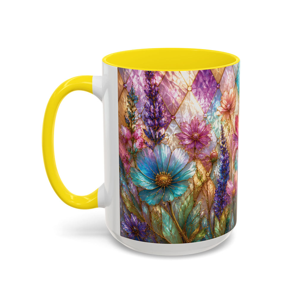 Floral Mosaic Accent Coffee Mug — Colorful Garden Flowers 11/15oz Stain Glass Illusion