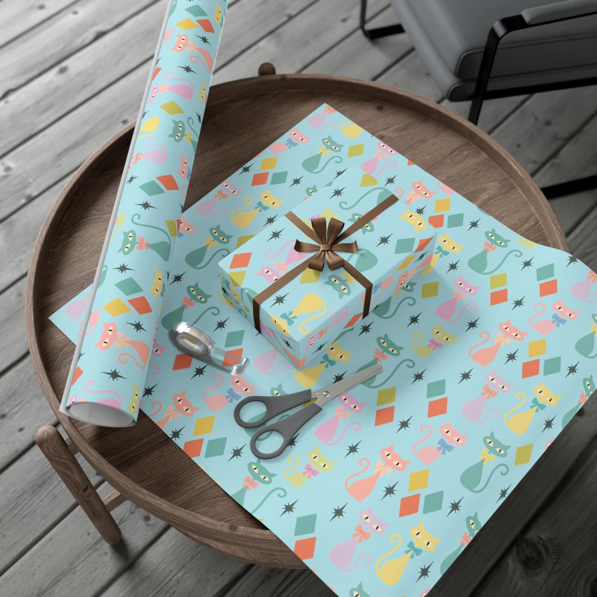 Atomic Cat Wrapping Paper, Retro Gift Wrap, Pastel Mid-Century Kitty Design, Vintage Holiday 30x20, 30x72, 30x144 Perfect for all Occasion