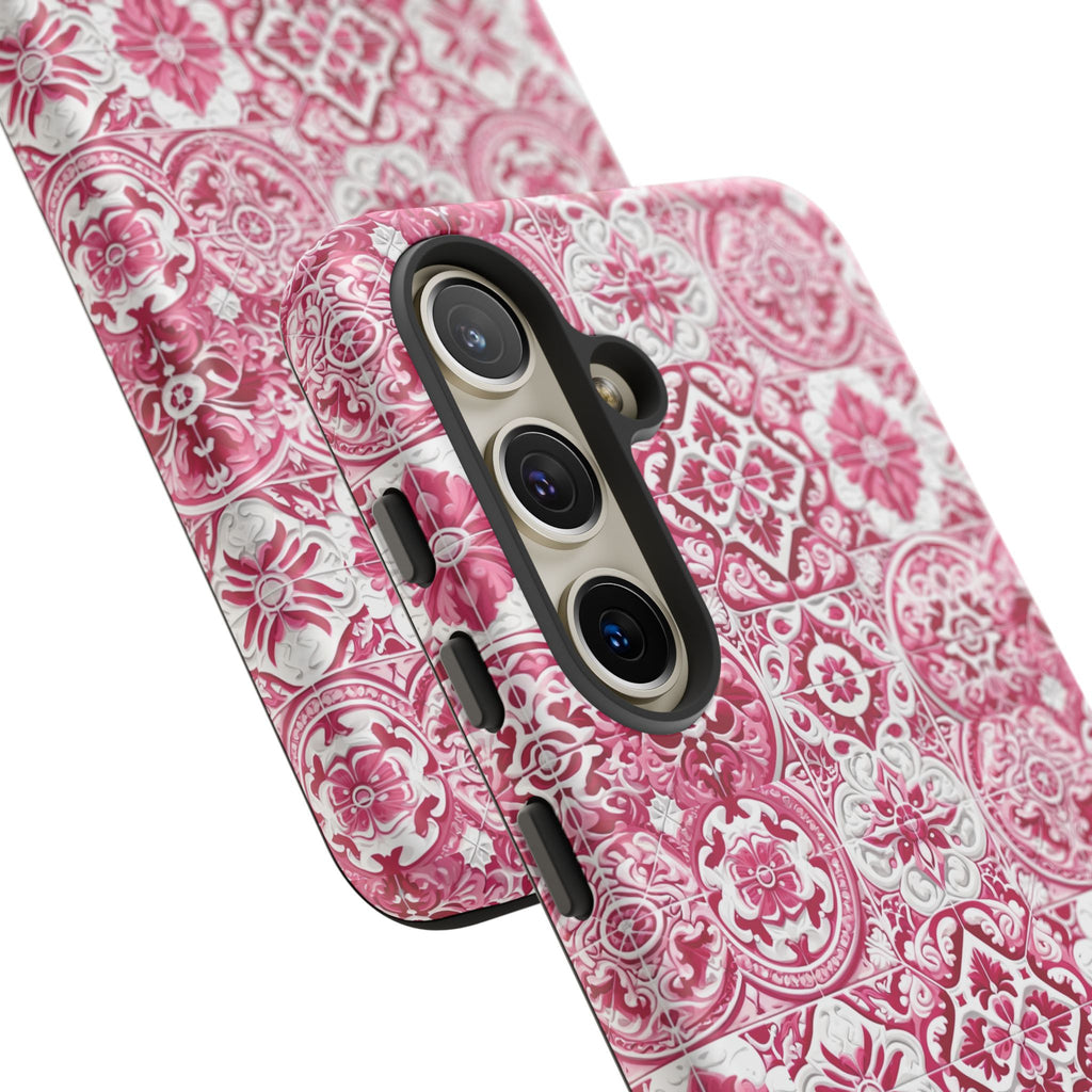 Pink and White Mediterranean Tile Design Phone Case - Stylish, Protective Cover for All Models Gift for Mom Accessory Gift for Her