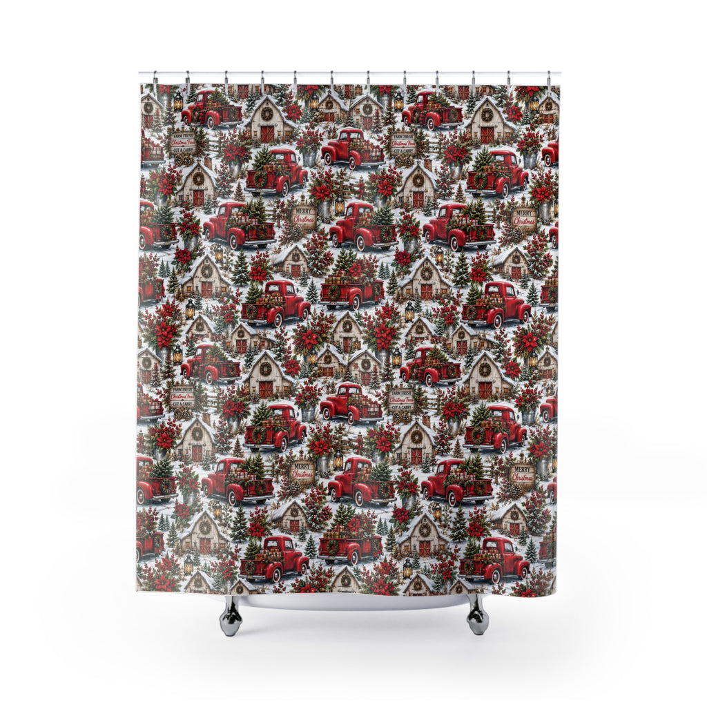 Rustic Red Truck Farmhouse Christmas Shower Curtain