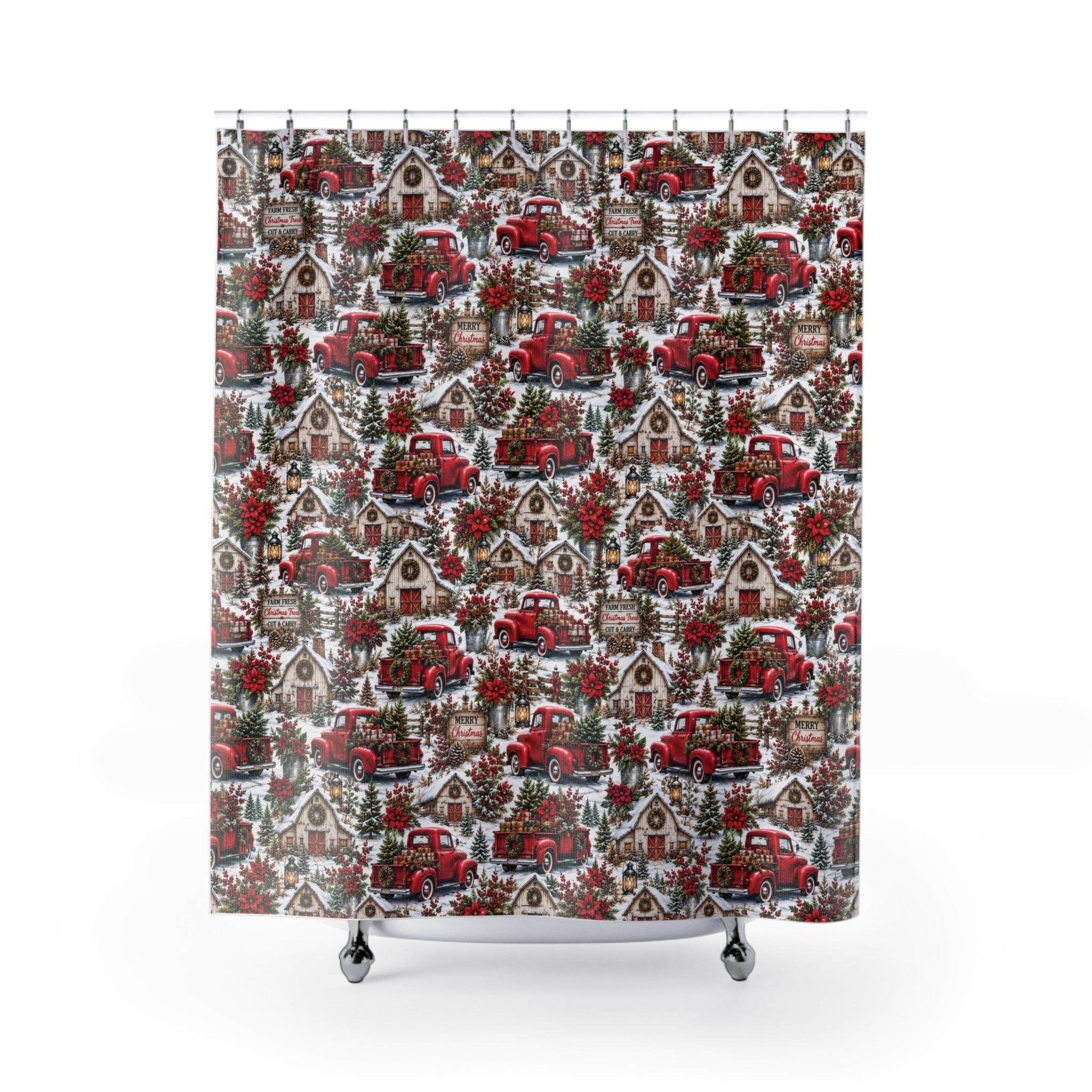Rustic Red Truck Farmhouse Christmas Shower Curtain