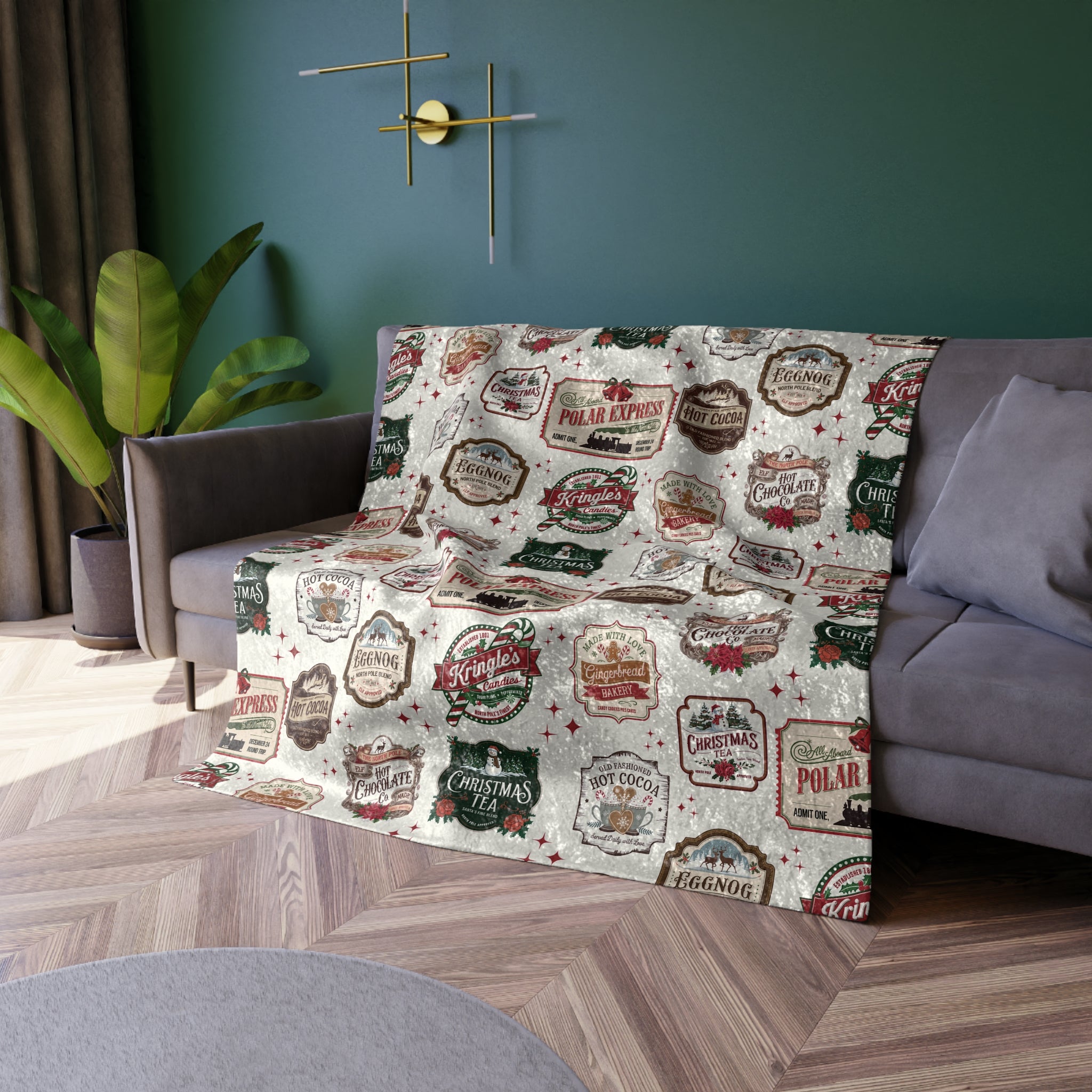 Couverture en velours écrasé « Timbres de Noël vintage » 50x60 pouces, jeté doux en peluche, décor douillet pour les fêtes, parfait pour se prélasser et pour la chaleur hivernale, d'inspiration rétro et festive, parfait pour les canapés