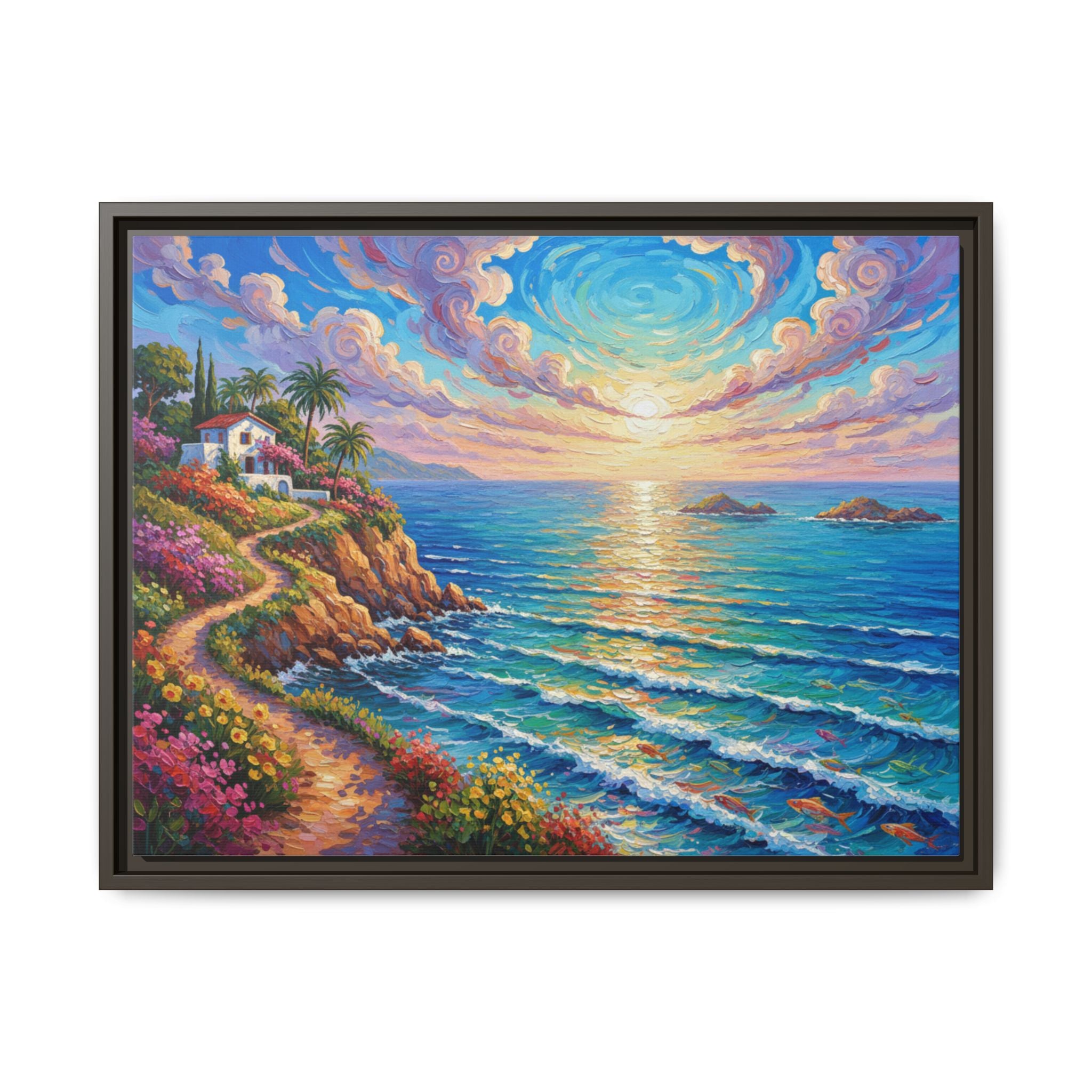 Ocean Floral Print Canvas | Bright Colorful Seascape Wall Art, Framed Matte Office Art Work