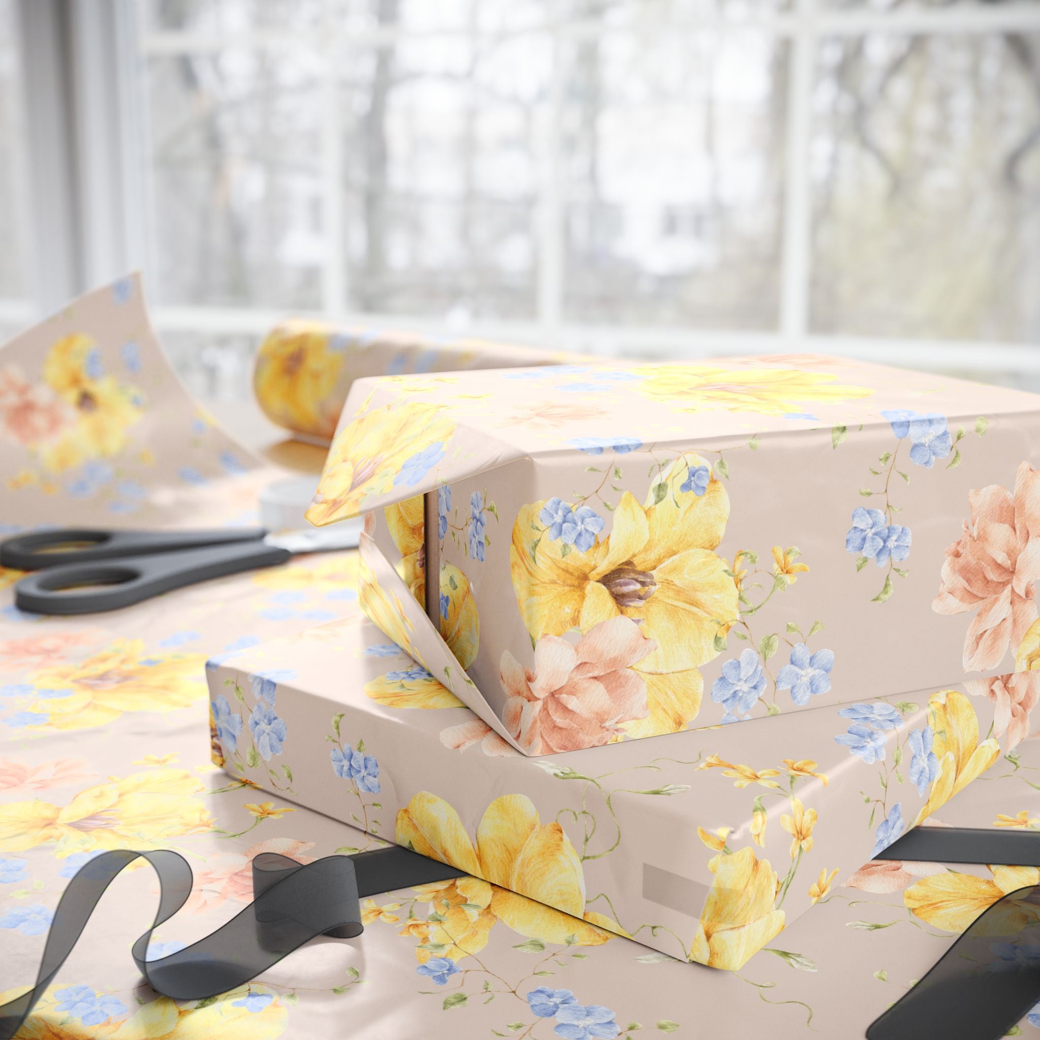 Yellow and Blue Floral Wrapping Paper | Wedding, Birthday & Bridal Shower Gift Wrap