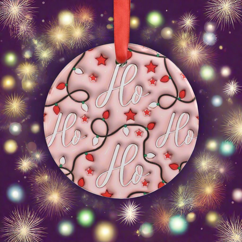 Pink 3D 'Ho Ho Ho' Illusion Ornament with Red Ribbon Festive Holiday Decor, Glossy Finish, 2.9x2.9 Inches, Unique Christmas Tree Accent Gift for Family - MRSBYVALLE