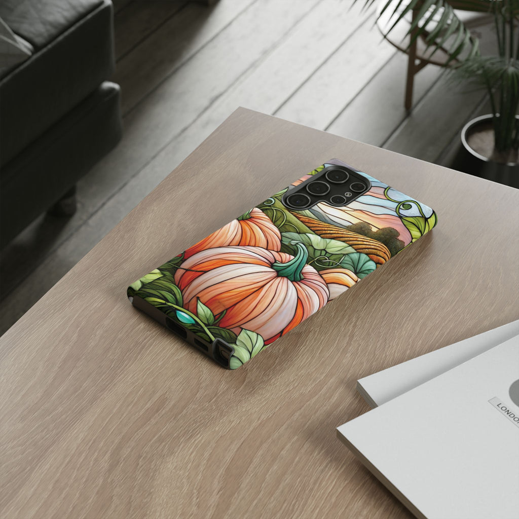 Pumpkins Phone Case Fall Faux Stained-Glass Thanksgiving Cover Pumpkin Lovers Gift for Galaxy S 24 23 22 21 Pixel 5 6 7 8 iPhone 17 , 16 15 14 13 12 Samsung iPhone Samsung Gift for Her