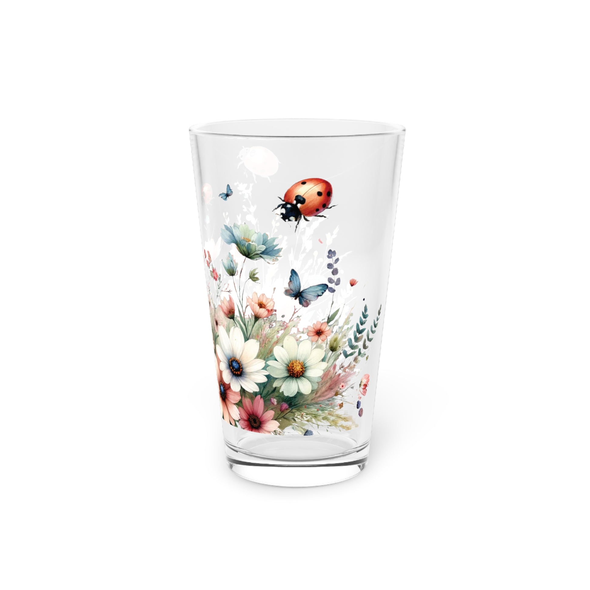 Watercolor Lady Bugs and Floral 16oz Pint Glass Delicate Blooms for Refreshing Sips Art Gifts, Party Drinkware, Cocktail Glass Housewarming Perfect Gift Party Drinkware, Cocktail, Wedding Perfect for Parties Glassware, New House Gift.