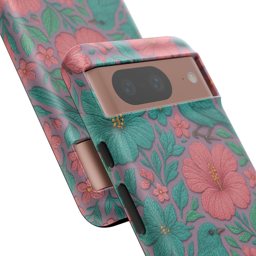 Turquoise, Pink and Lavender 3D Embroidery Illusion Phone Case Tropical Flowers, Birds & Butterflies Cover with Bold, Realistic Floral Texture iPhone, Samsung