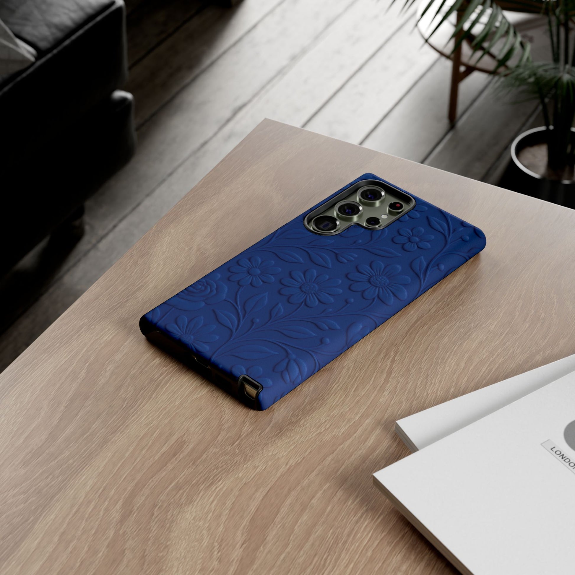 3D Illusion Floral Cobalt Blue Phone Case Elegant Raised Flower Design, Seamless Textured Look, Durable & Stylish Protection for iPhone and Android Models Fits iPhone & Samsung Models