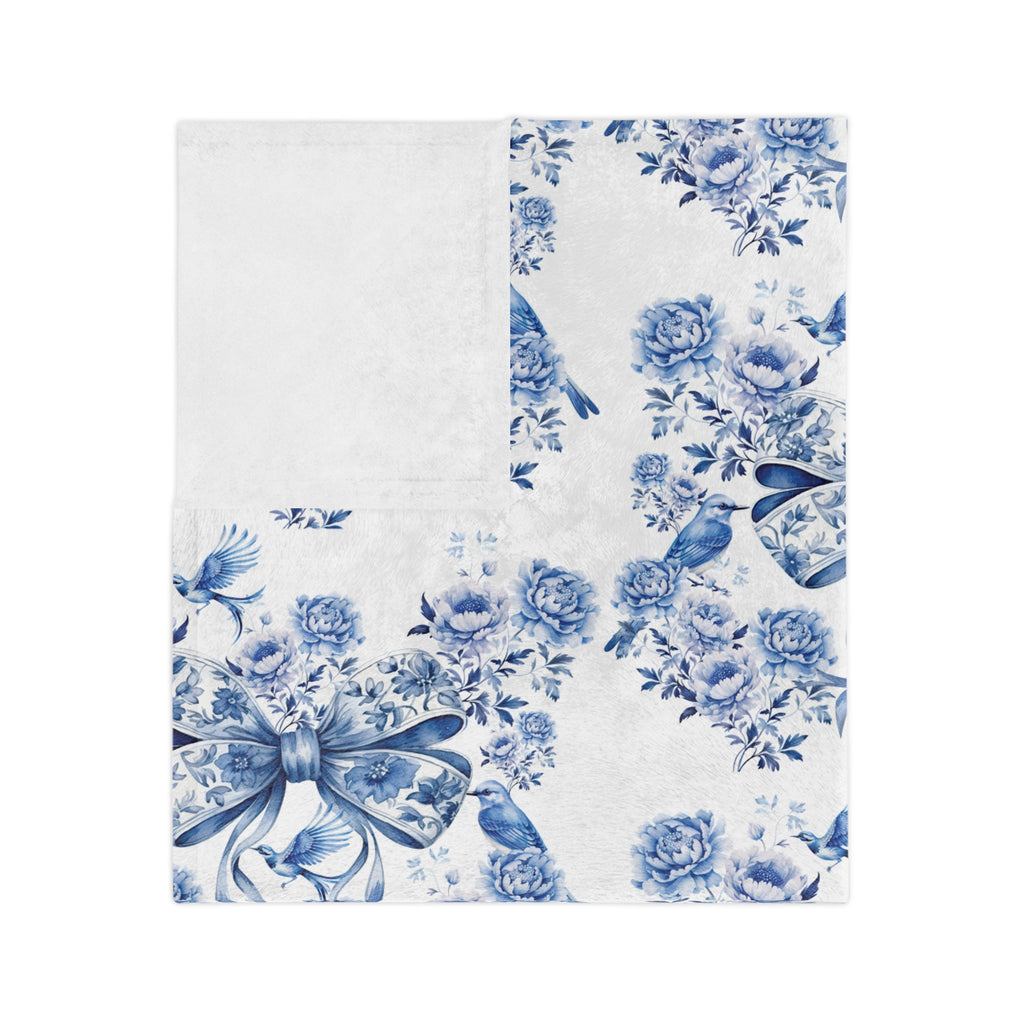 Elegant Blue Bow Chinoiserie Blanket – Soft & Cozy Throw in 60x50 & 80x60, Vintage Bird & Floral Design, Lightweight, Warm, Perfect for Home & Gift Giving Housewarming Gift Throw