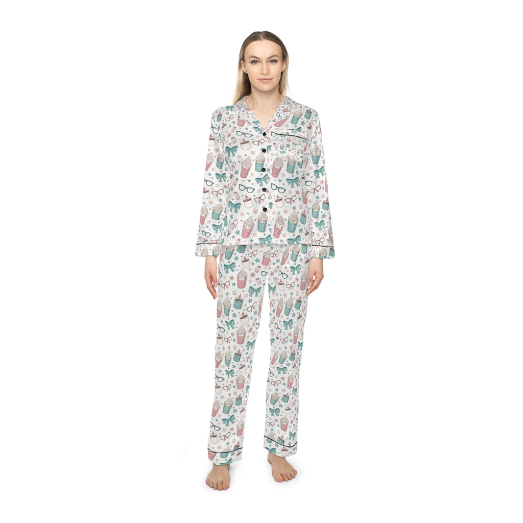 Woman wearing a patterned pajama set on a white background