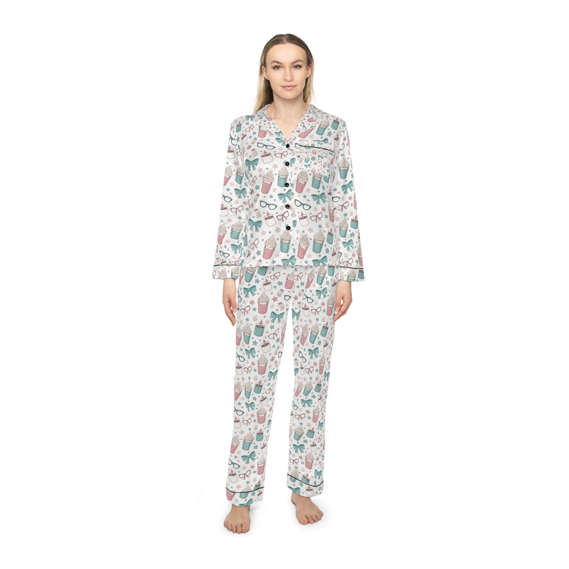 Woman wearing a patterned pajama set on a white background