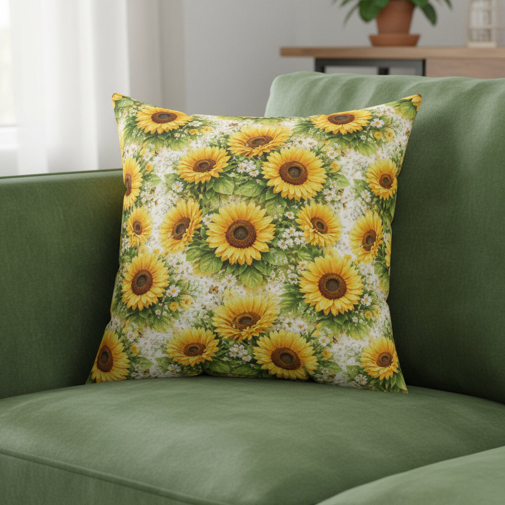 Decorative pillow with sunflower pattern on a white background