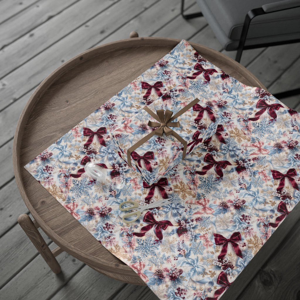 Burgundy Bow Floral Pattern Wrapping Paper | Holiday Gift Wrap, Winter Botanicals