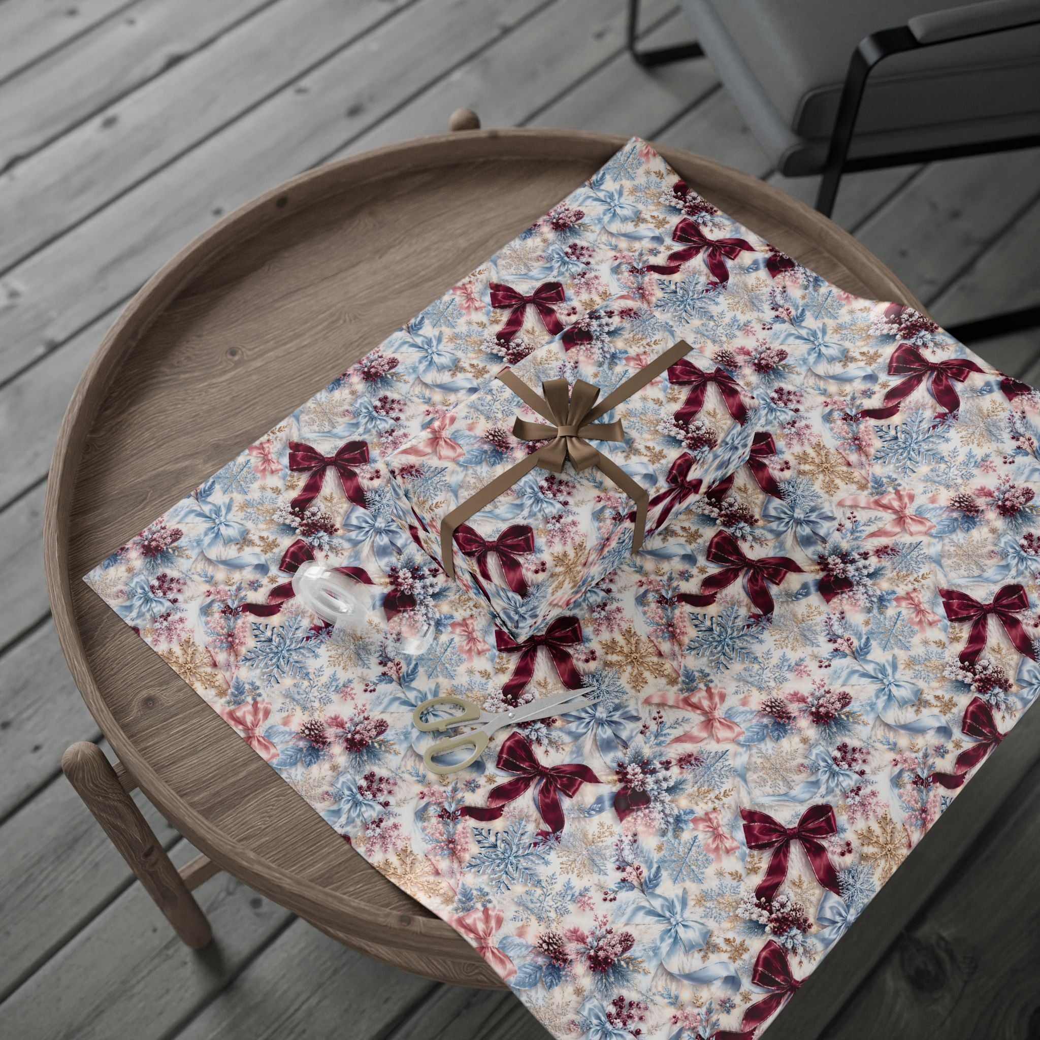 Burgundy Bow Floral Pattern Wrapping Paper | Holiday Gift Wrap, Winter Botanicals