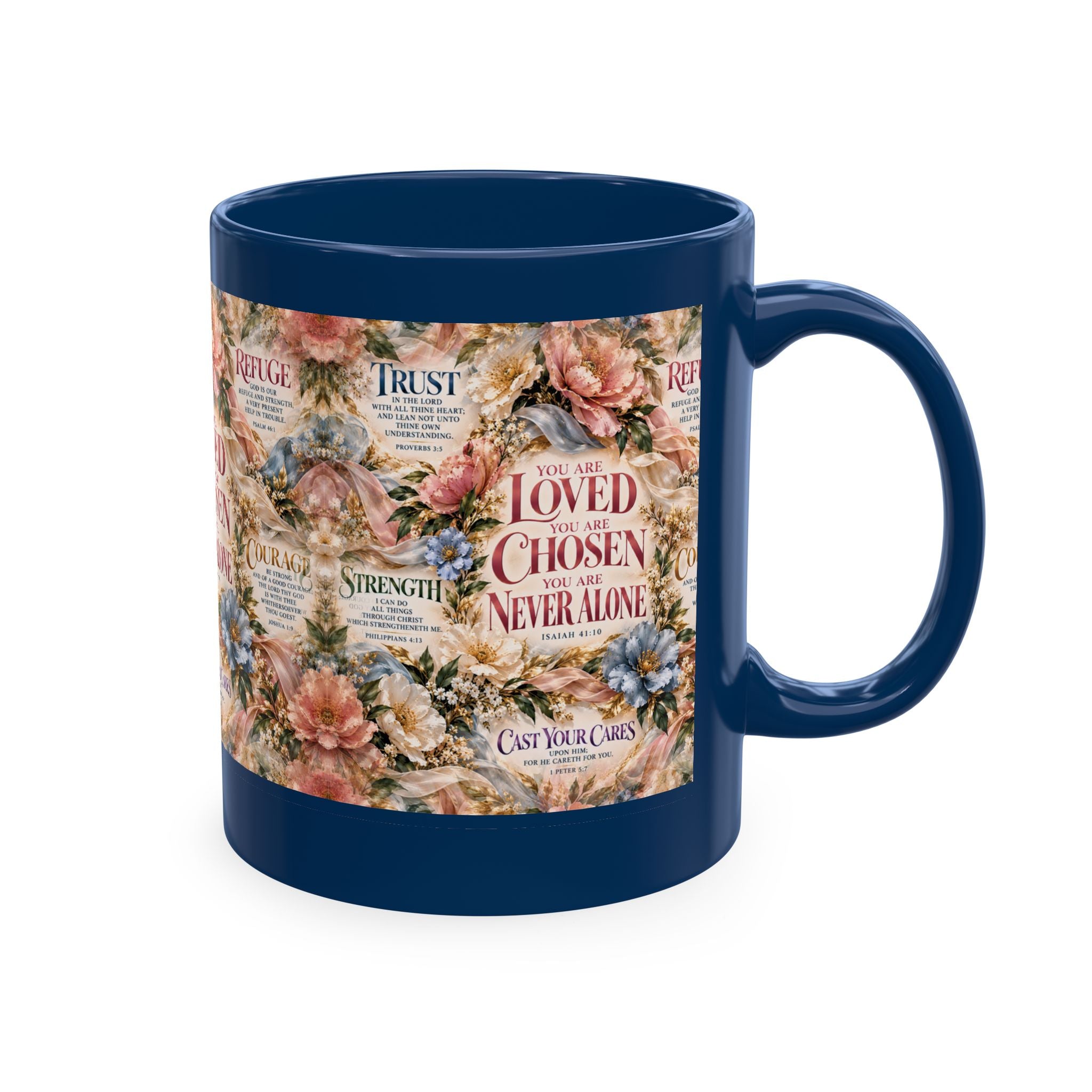 Loved Chosen Never Alone Coffee Mug | Christian Encouragement Gift for Her | Faith Floral Cup