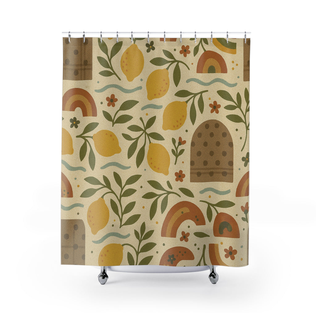 Boho Lemon Shower Curtain Yellow Lemons & Lavender Floral Print, 71x74 Inches, Modern Boho Bathroom Decor, Waterproof Fabric, Hooks Not Included