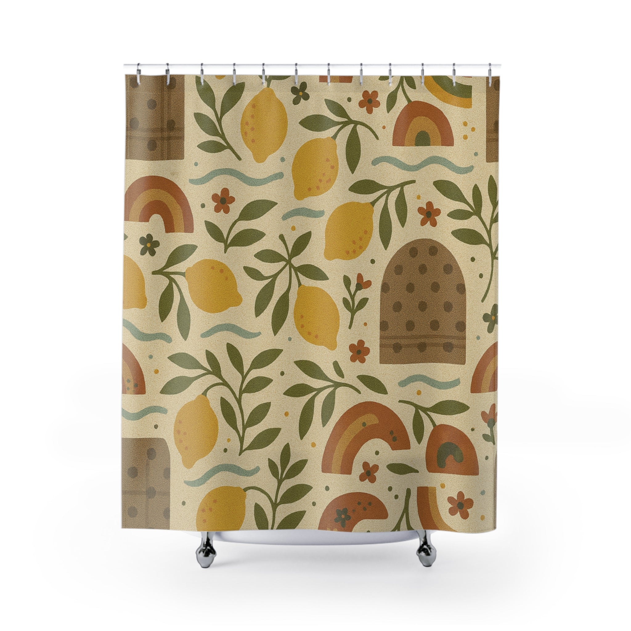 Boho Lemon Shower Curtain Yellow Lemons & Lavender Floral Print, 71x74 Inches, Modern Boho Bathroom Decor, Waterproof Fabric, Hooks Not Included