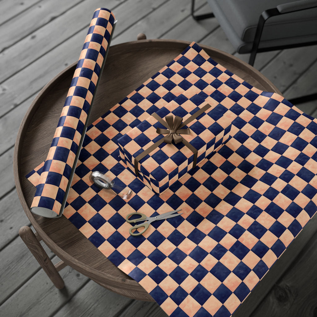 Navy and  Peach Checkerboard Wrapping Paper Wedding, Birthdays
