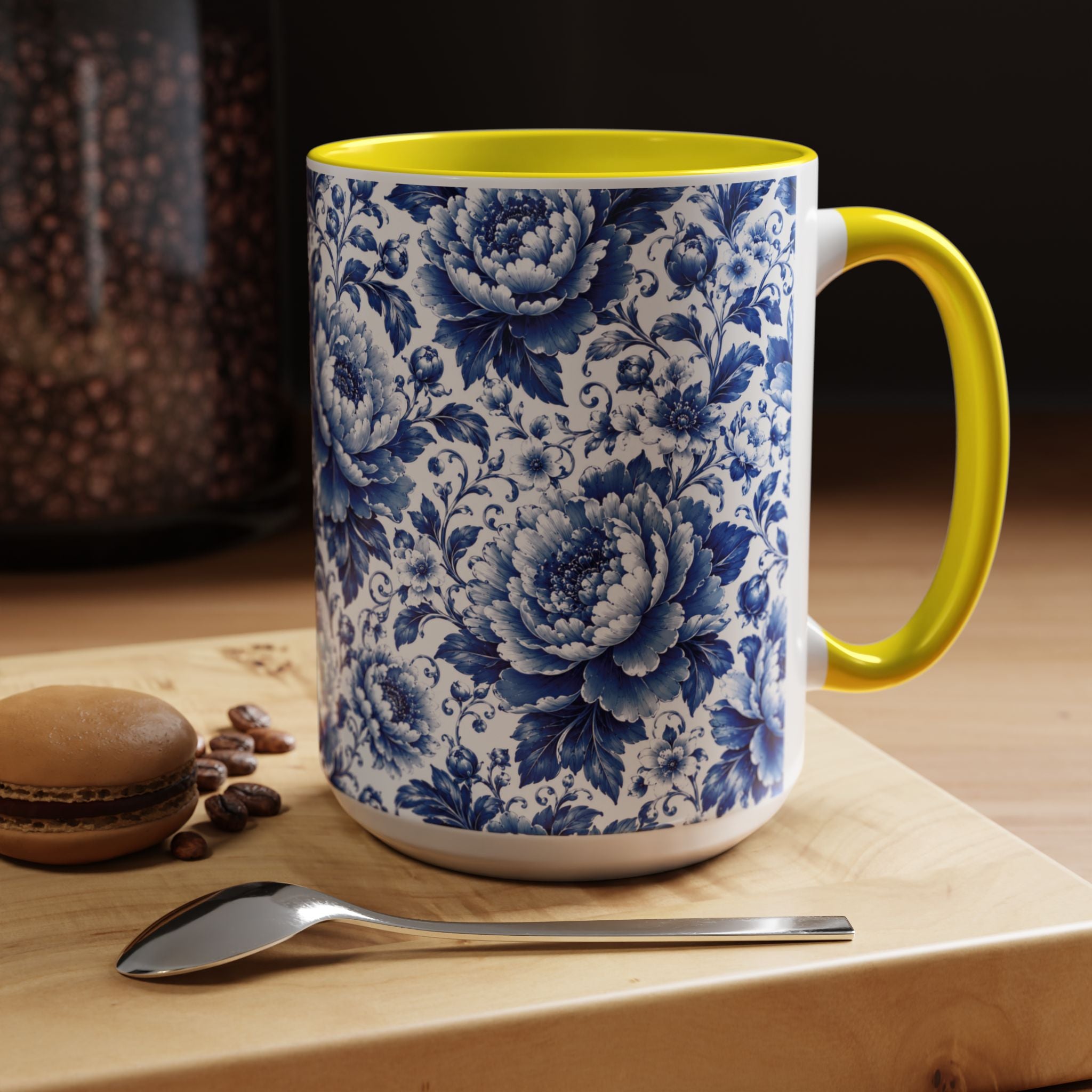 Blue Floral Ceramic Coffee Mug — Vintage Delft Peony Accent (11oz & 15oz) Blue & White Chinoiserie Tea Mug