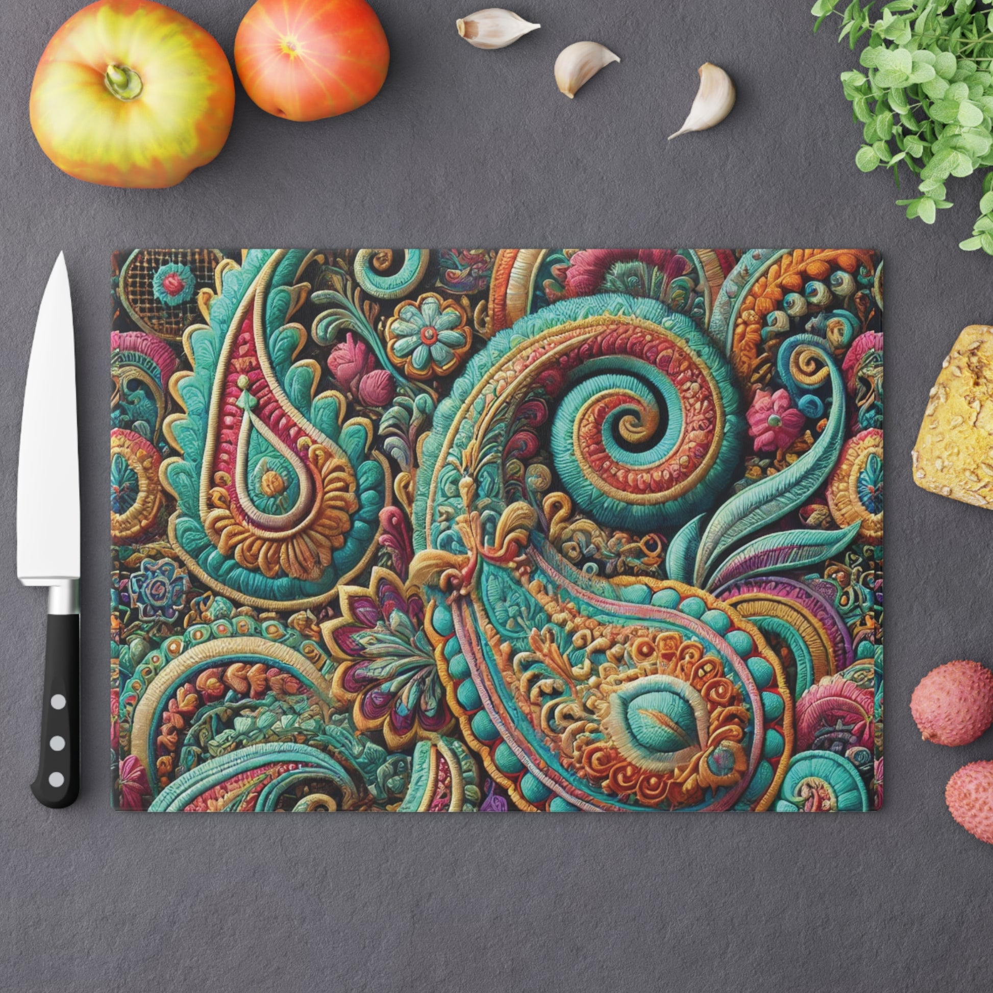 Paisley Boho Floral Tempered Glass Cutting Board | Durable and Heat-Resistant | Non-Slip Feet for Stability | Scratch-Resistant Surface | Stylish Kitchen Decor & Gift