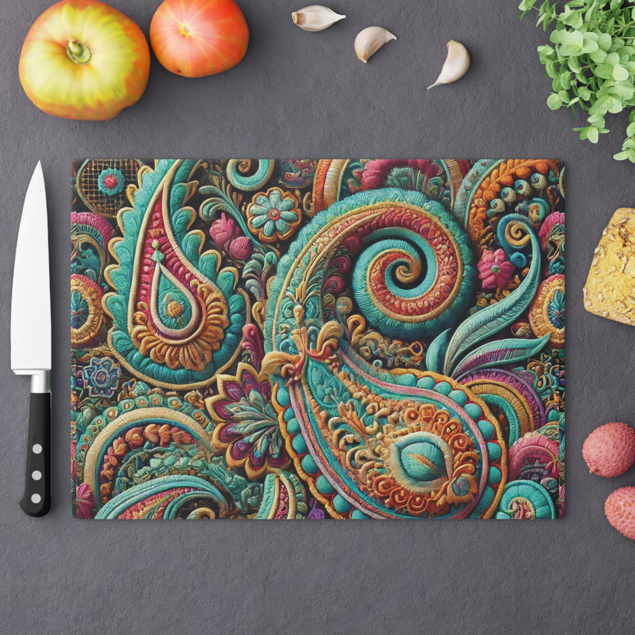 Paisley Boho Floral Tempered Glass Cutting Board | Durable and Heat-Resistant | Non-Slip Feet for Stability | Scratch-Resistant Surface | Stylish Kitchen Decor & Gift
