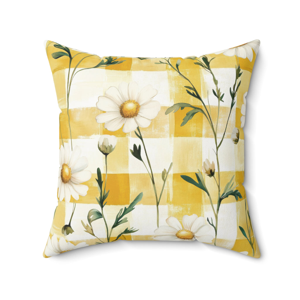 Pastel Yellow Daisy Checker Pillow — Spring Floral Decorative Pillow