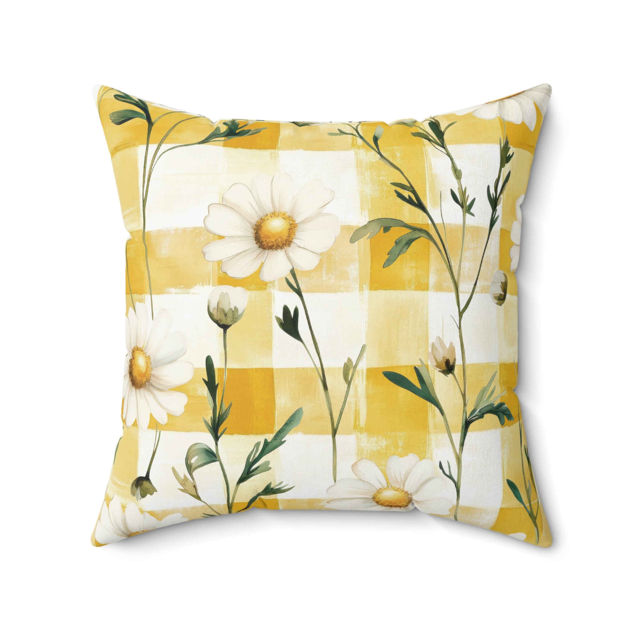Pastel Yellow Daisy Checker Pillow — Spring Floral Decorative Pillow